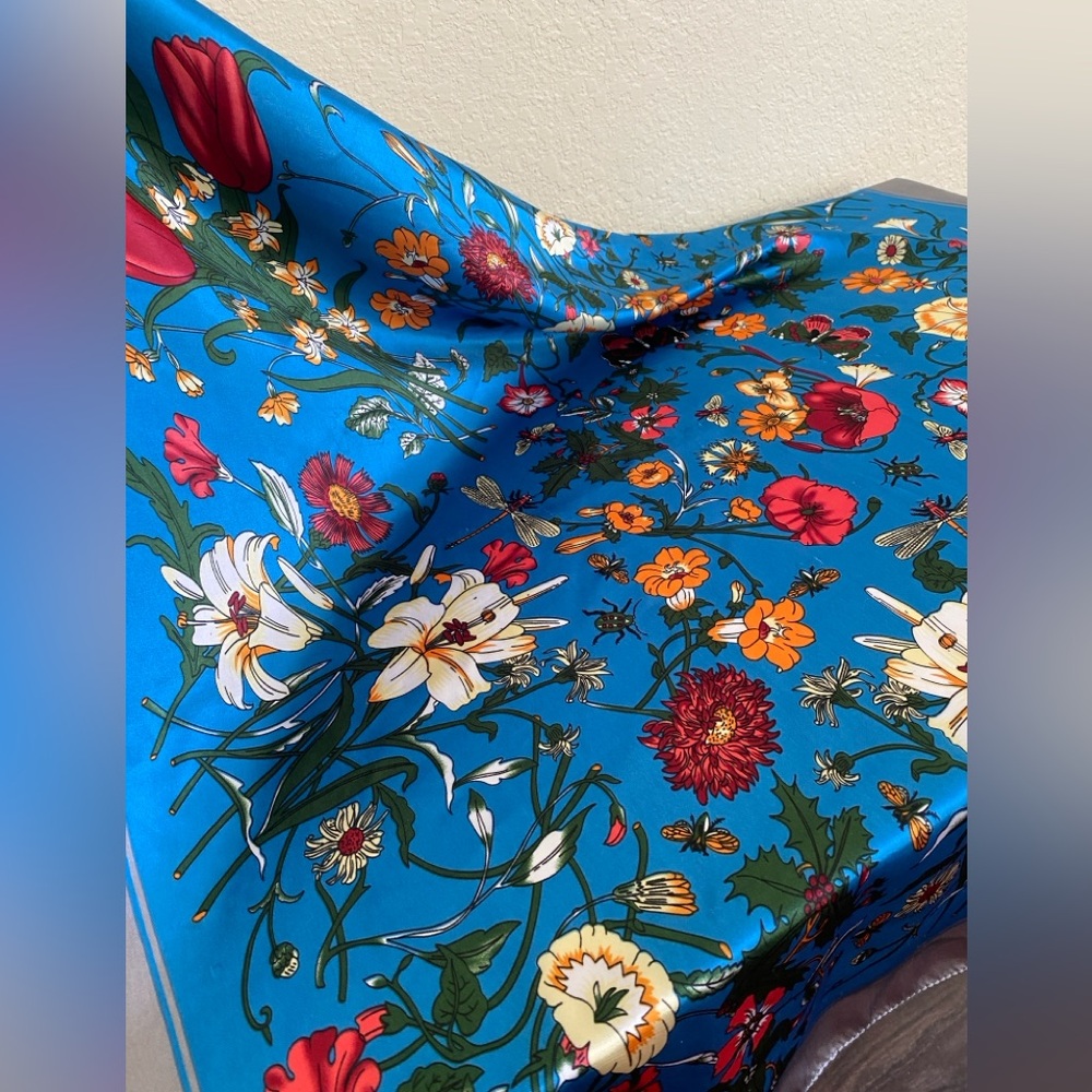 Floral blue silk like scarf